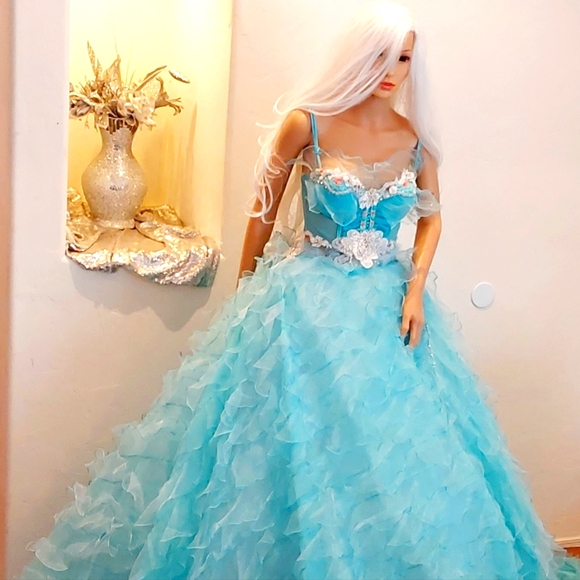 "MARINA" Ocean Blue & White Boho Wedding Ballgown Set - Picture 8 of 15